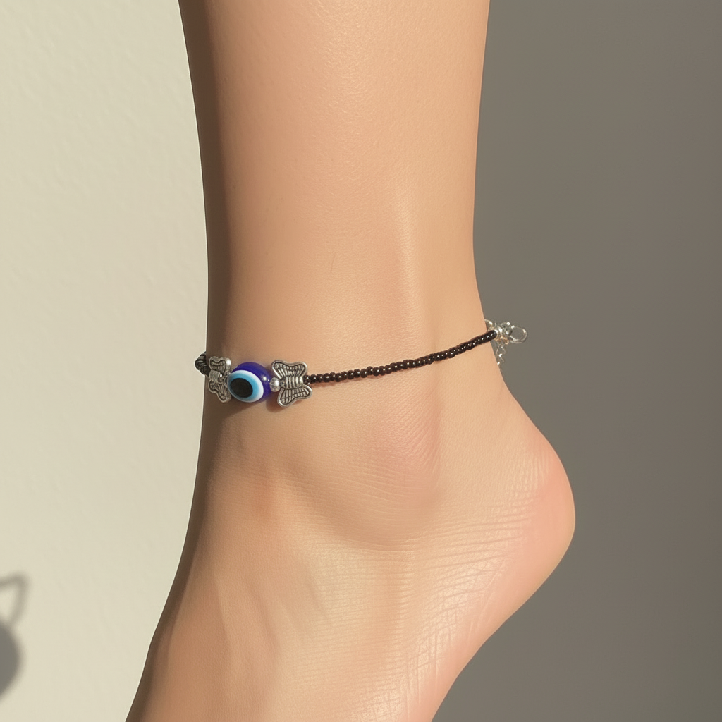 Oxidierte Fußkettchen Payals mit Schmetterling & Evil Eye Design