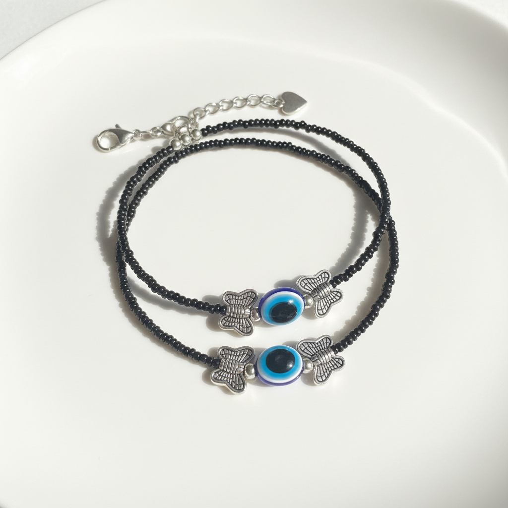 Oxidierte Fußkettchen Payals mit Schmetterling & Evil Eye Design