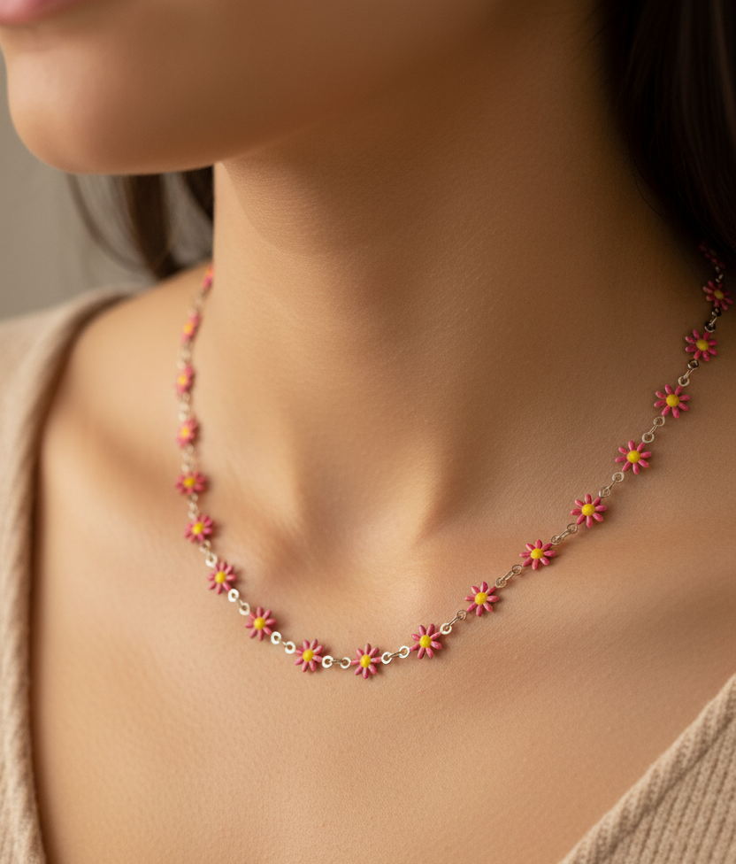 Pink Daisy Flower Chain Necklace | Gold-Tone Enamel Station Necklace-Anti-Tarnish