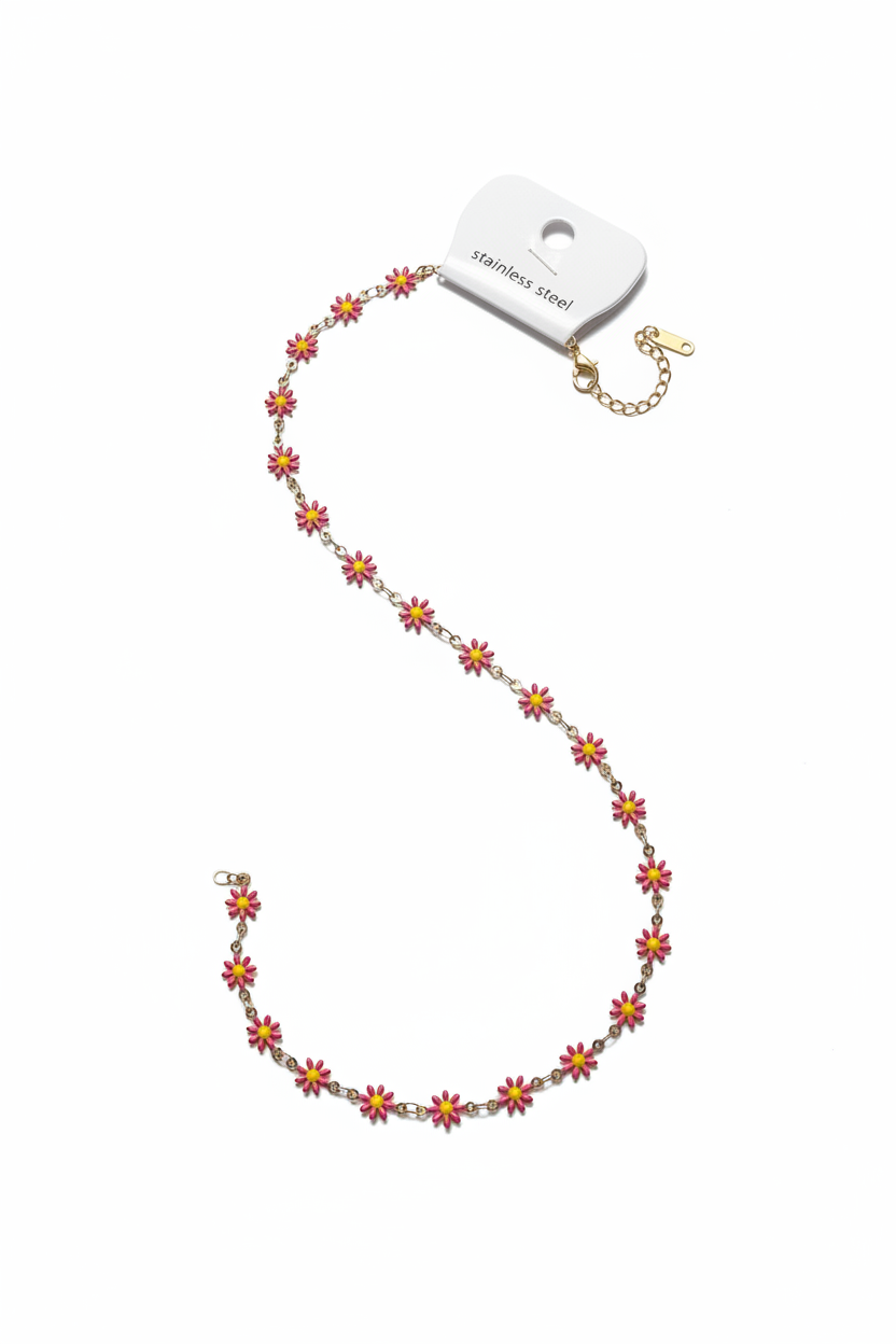 Pink Daisy Flower Chain Necklace | Gold-Tone Enamel Station Necklace-Anti-Tarnish