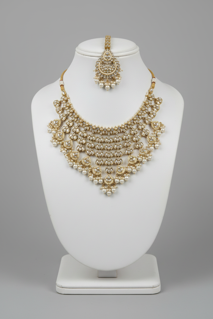 Beautiful Stylish Bollywood Necklace Set – Jhumki & Tikka | Golden White