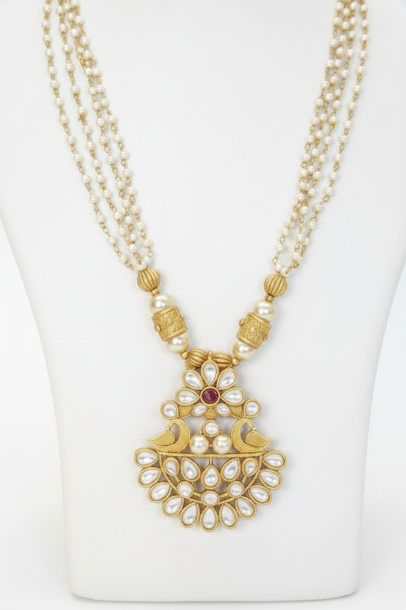 Pearl Bead Kundan Long Necklace Set with Earrings – Goldplated