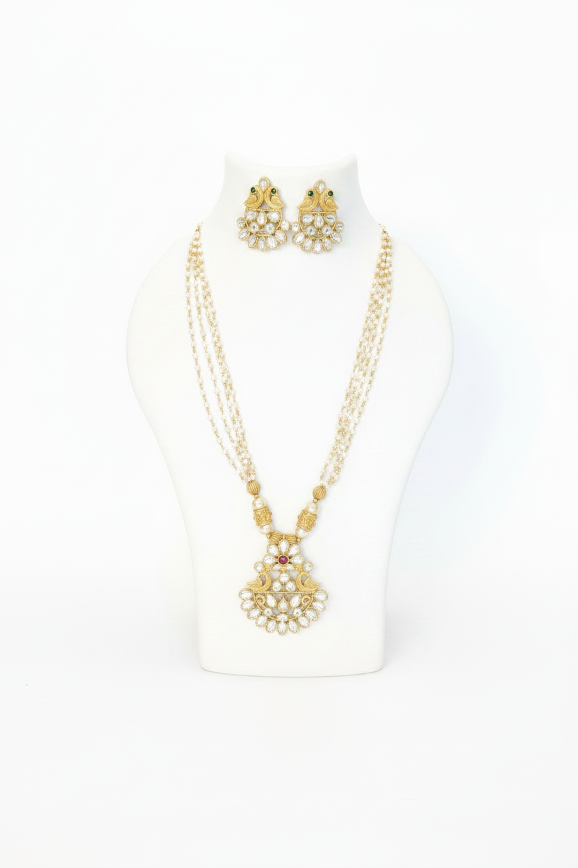 Pearl Bead Kundan Long Necklace Set with Earrings – Goldplated