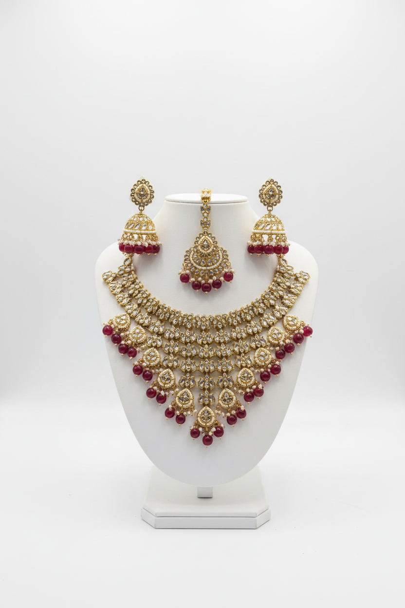 Beautiful Stylish Necklace Set with Jhumka & Earrings – Red/Gold