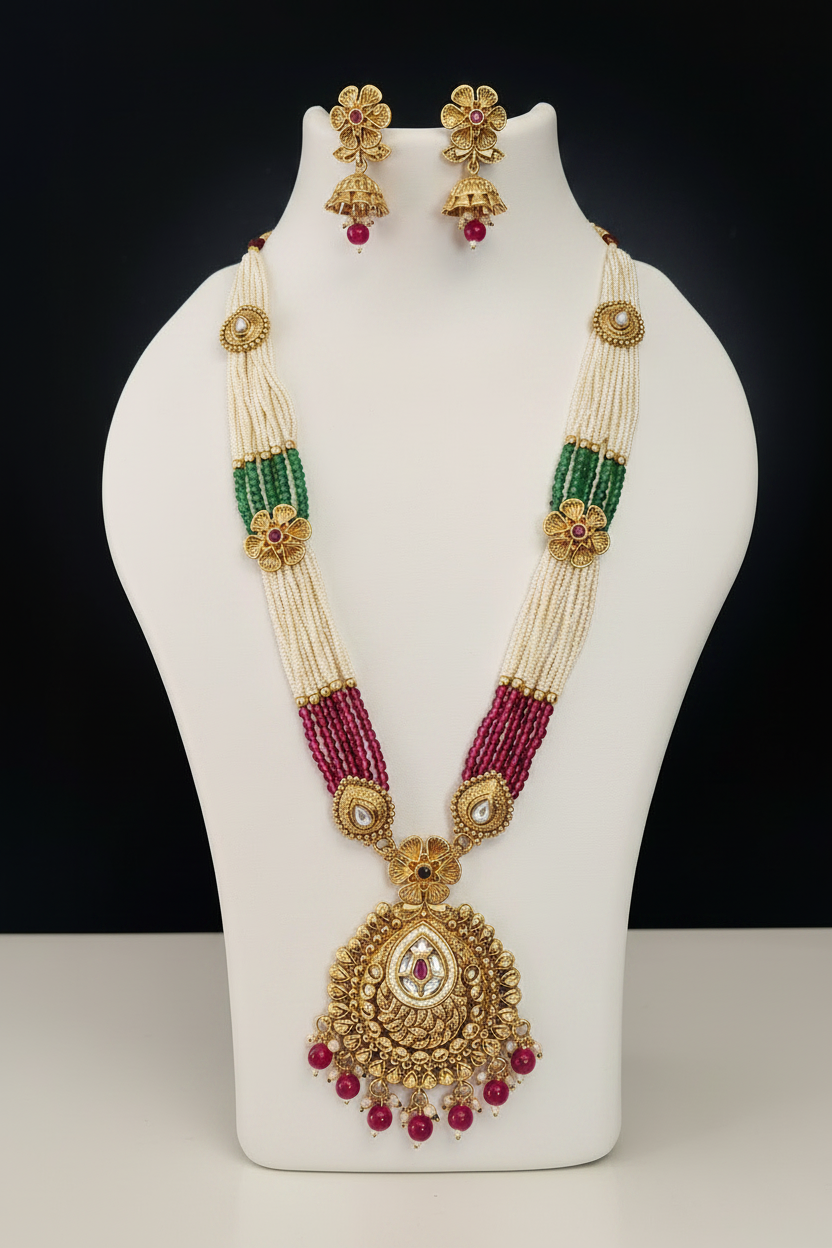 High Quality Goldplated Long Necklace Set with Small Jhumki – Multicolor