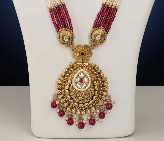 High Quality Goldplated Long Necklace Set with Small Jhumki – Multicolor