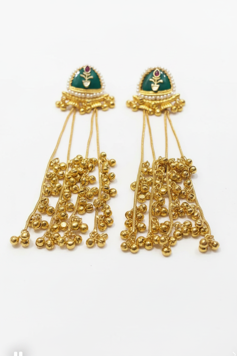 Kashmiri Earrings – Oversized Gold & Green Ghungroo Tassel Earrings