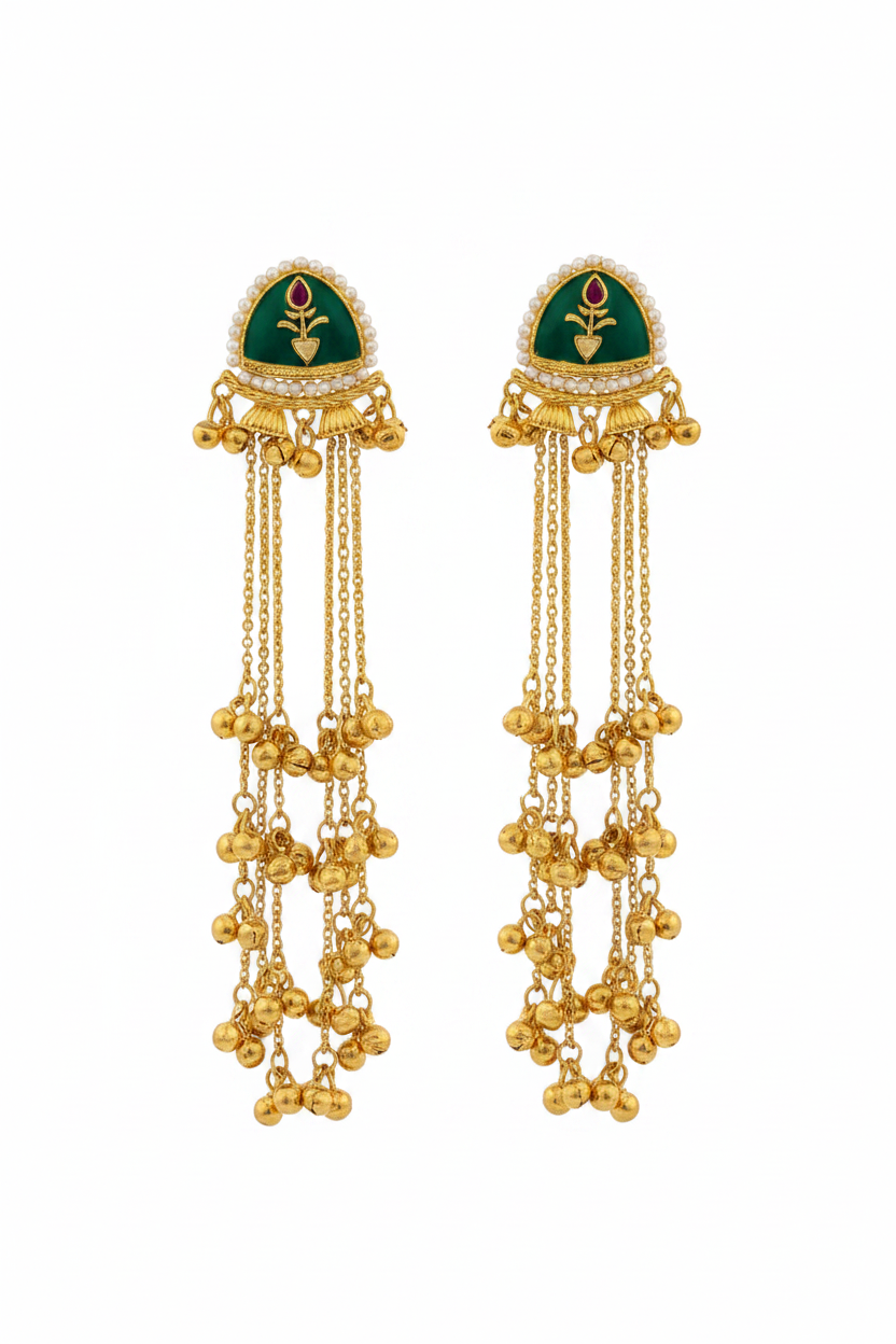 Kashmiri Earrings – Oversized Gold & Green Ghungroo Tassel Earrings