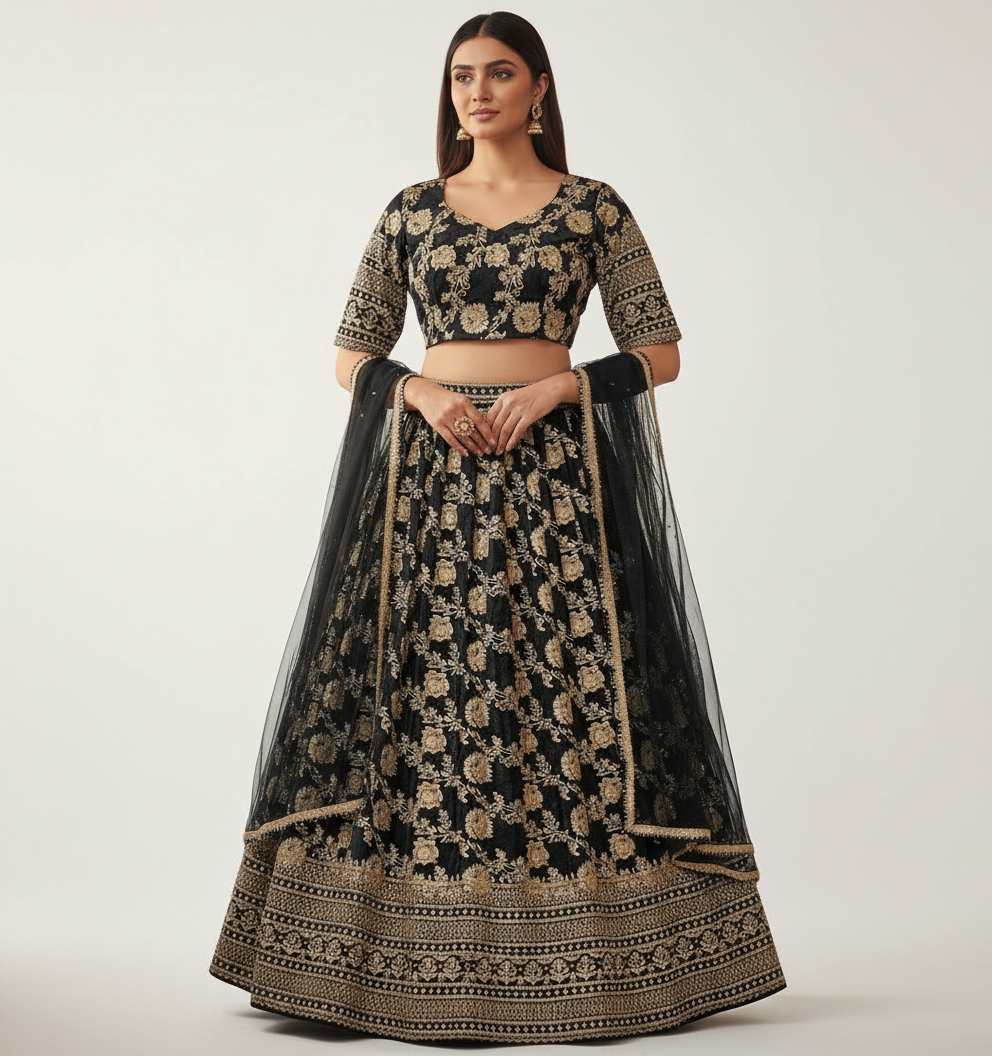Black Lehenga Choli with Net Dupatta – Sizes 36, 38, 40