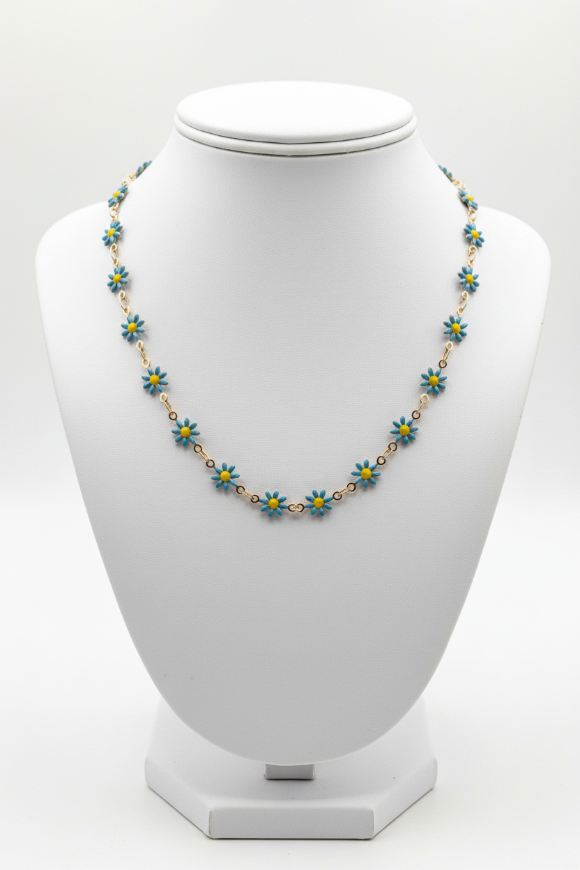 Blue Daisy Flower Chain Necklace | Gold-Tone Enamel Station Necklace-Anti-Tarnish