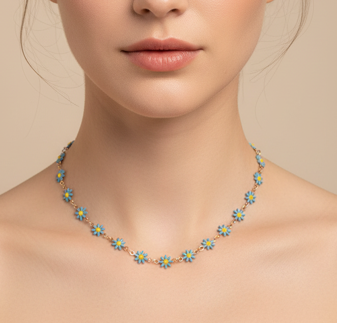 Blue Daisy Flower Chain Necklace | Gold-Tone Enamel Station Necklace-Anti-Tarnish