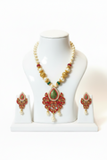 Goldplated Long Necklace Set with Matching Earrings – Red & Green Meenakari